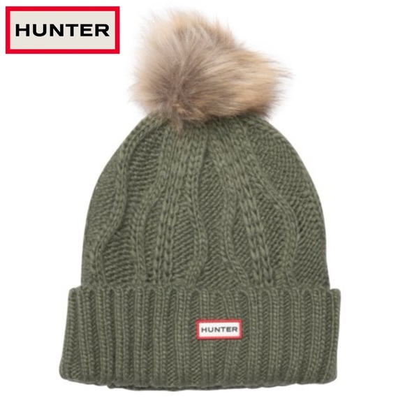 Hunter Urban Grey Faux Fur Cable Knit Green Beanie